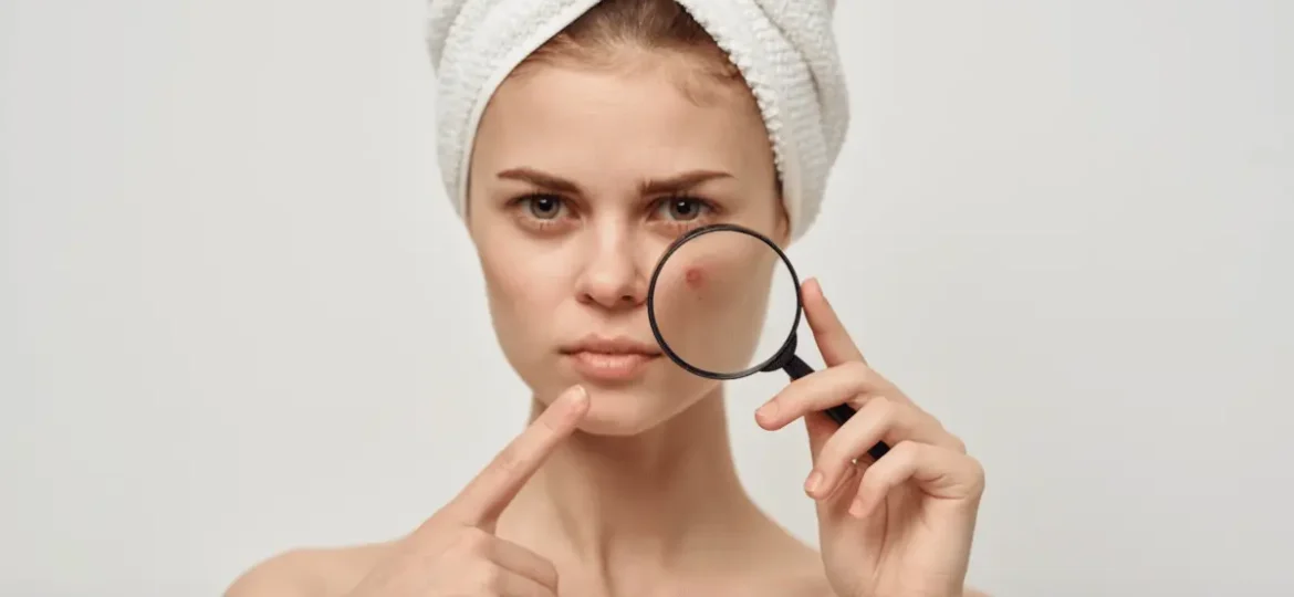 Млада жена с кърпа на главата държи лупа и показва пъпка на лицето си – грижа за кожата и лечение на акне