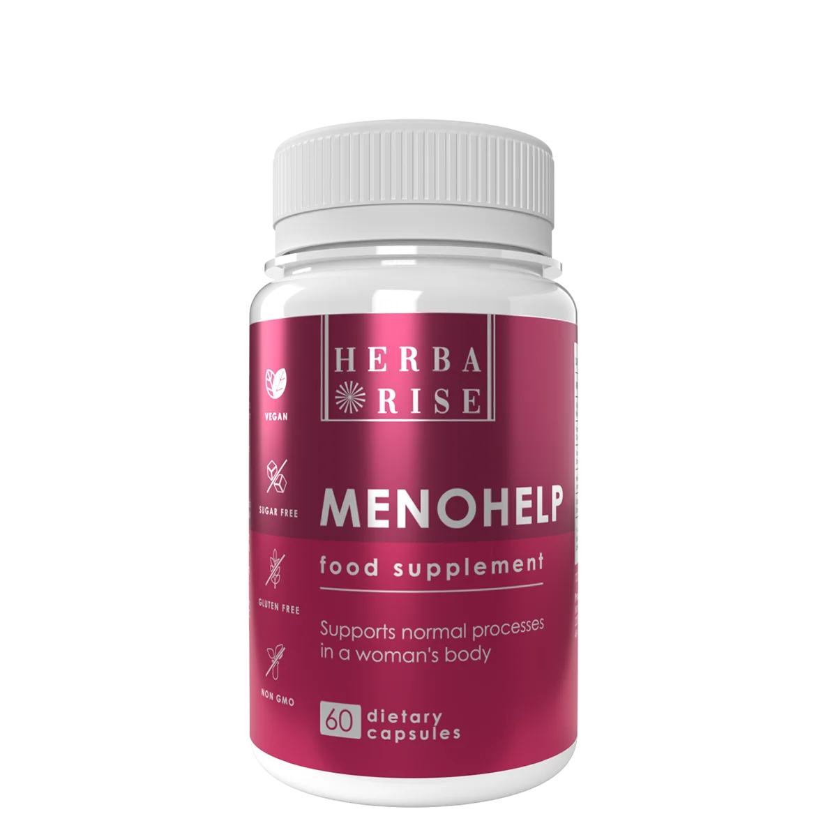 HerbaRise Manohelp опаковка - натурална хранителна добавка за подкрепа на женското здраве, 60 капсули. Веган, без глутен и без ГМО.