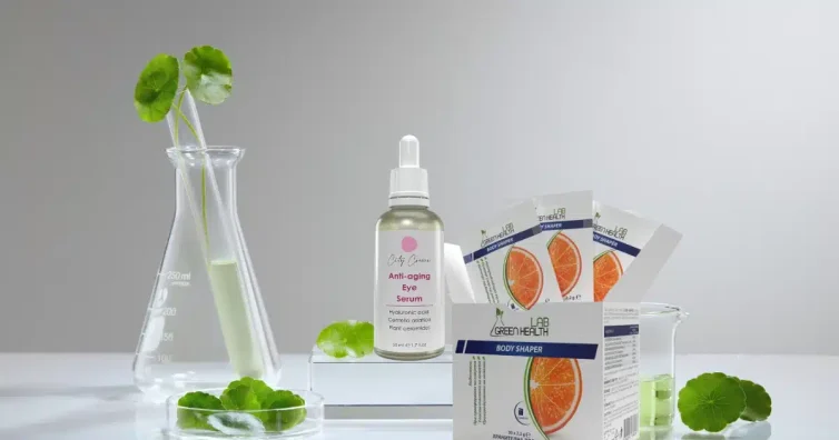снимка на центела азиатика във колба, имитираща ваза и опаковки от продуктите на greenlabox серум за очи и хранителна добавка body shaper.