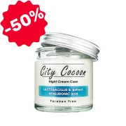 Стъклен буркан с нощен крем City Cocoon с хиалуронова киселина и екстракт от Lactobacillus B., сребрист капак и етикет "Paraben Free", с червен етикет за отстъпка -50%.