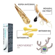 Активни съставки в натуралния спрей за побеляване Hair Color Restore: корен ангелика, женшен екстракт, витамин B5, витамин B3, Greyverse пептид-формула за възстановяване на естествения цвят на косата.