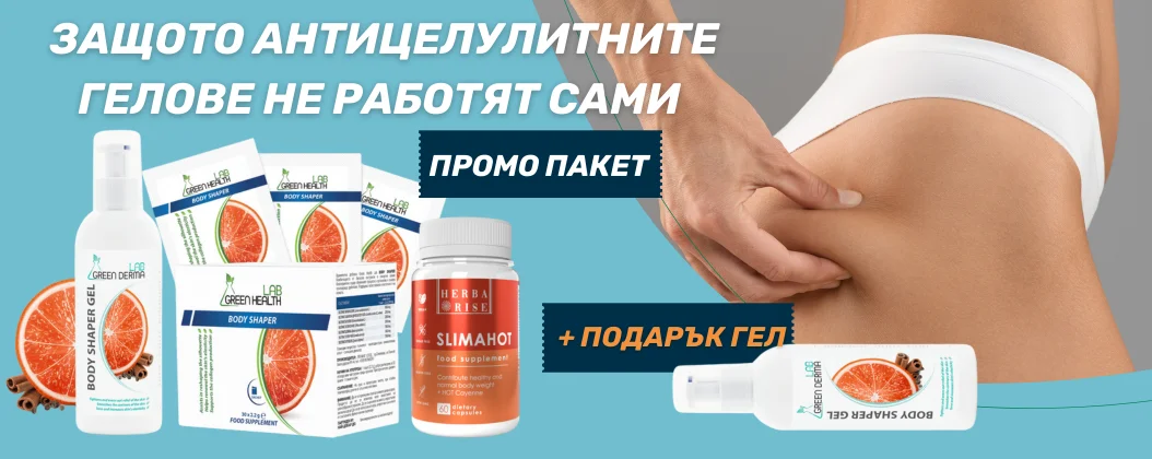 Реклама на продукти, насочени към третиране на целулит. Включва гел и добавки с изображение на човек, който докосва бедрото си. Текстът обяснява, че антицелулитните гелове не работят сами и предлага промоционален пакет с подарък гел.