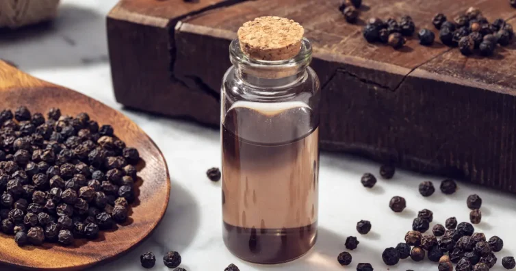 Бутилка с етерично масло от черен пипер и сухи зърна – използван в козметиката за отслабване, кожа и коса