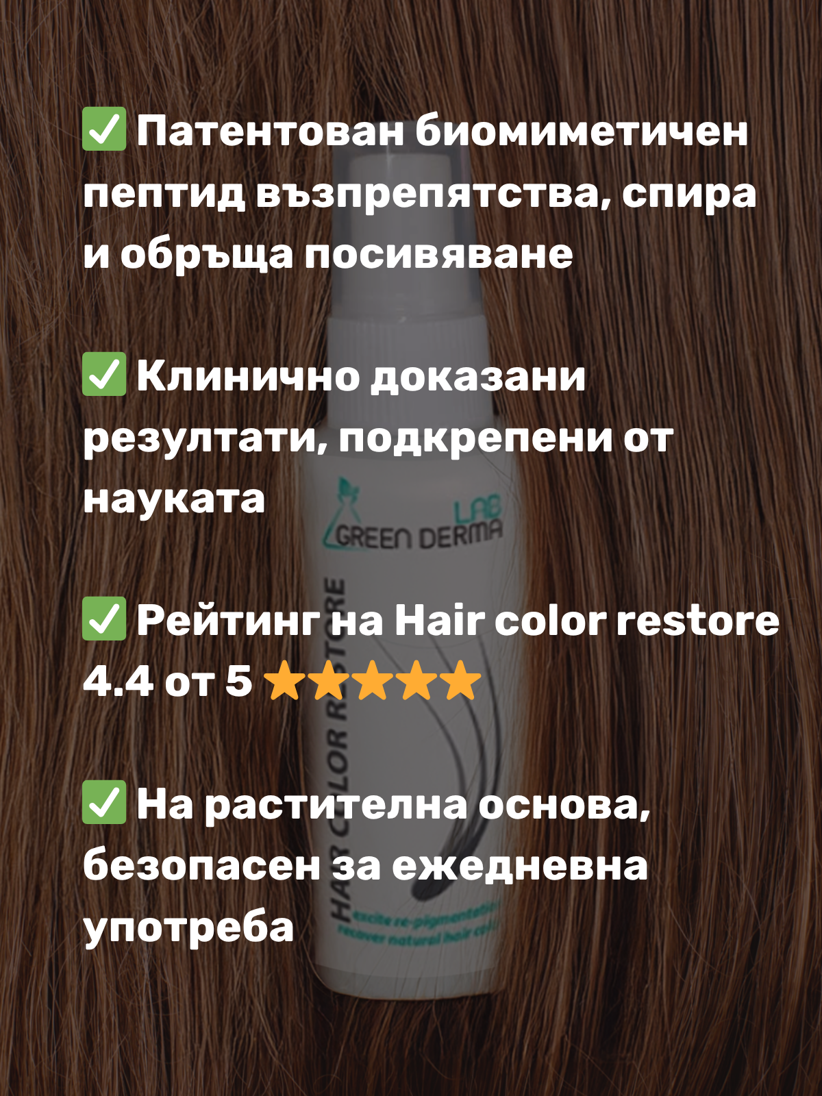 Изображение на Hair Color Restore върху фон с кафява коса и текст: патентован пептид, клинично доказани резултати, 4.4 от 5 рейтинг, растителна формула – продукт срещу побеляване на косата с Greyverse™