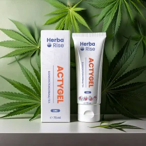Actygel – охлаждащ гел с CBD при болки в мускули и стави, 75 ml туба и кутия на фон от конопени листа