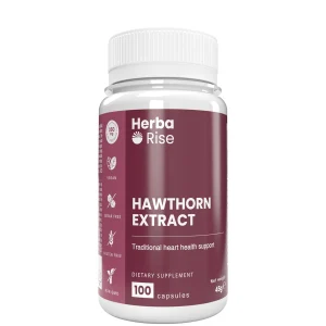 Опаковка хранителна добавка Herba Rise с екстракт от глог (Hawthorne Extract), 100 капсули, 350 mg. Надписите подчертават, че продуктът е веган, без захар, без глутен и не съдържа ГМО. Опаковката е в бордо цвят с бели надписи и икони, подчертаваща ползите за здравето на сърцето.