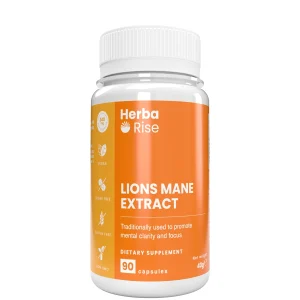 Опаковка хранителна добавка Herba Rise с екстракт от Лъвска грива (Lion’s Mane Extract), 90 капсули, 390 mg. Етикетът е в ярко оранжев цвят и съдържа икони за веган, без захар, без глутен и без ГМО. Подчертано е традиционното приложение на гъбата за подпомагане на умствената яснота и концентрацията.