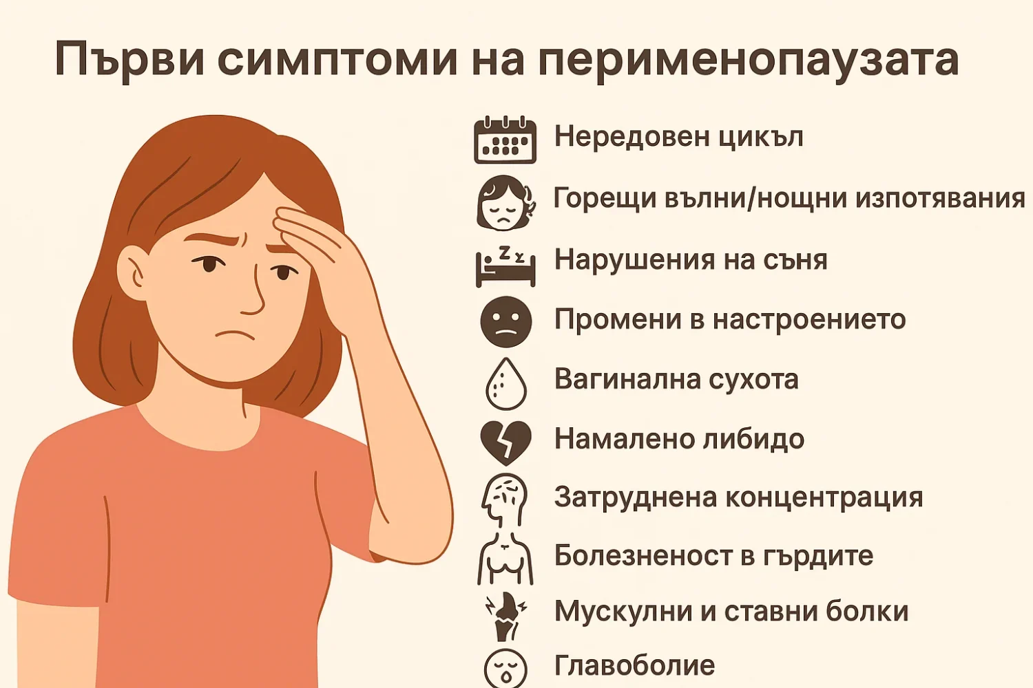 Инфографика с първи симптоми на перименопаузата – нередовен цикъл, горещи вълни, тревожност, безсъние, сухота, главоболие и др.